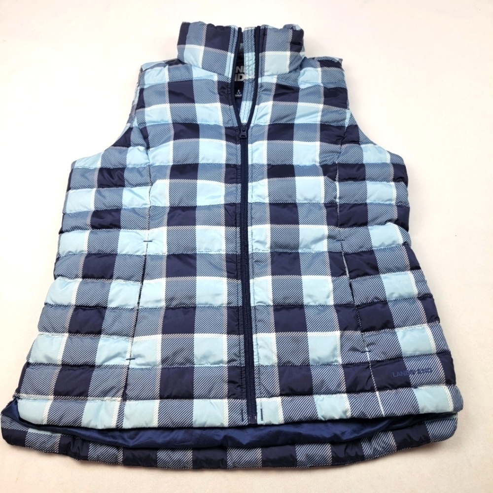 Lands' End blue plaid down filled puffer vest Bin